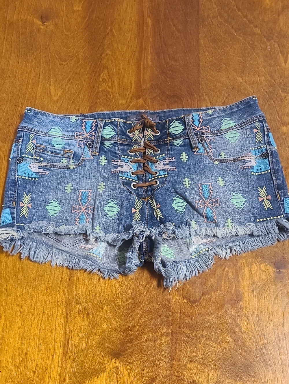 Kendall & Kylie Blue Denim Lace-Up Fringe Aztec Embroidered Shorts